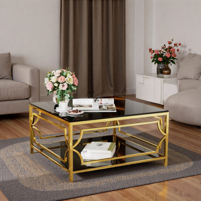 Table basse carrée en verre avec structure en métal, plateau en verre trempé et tablette inférieure
