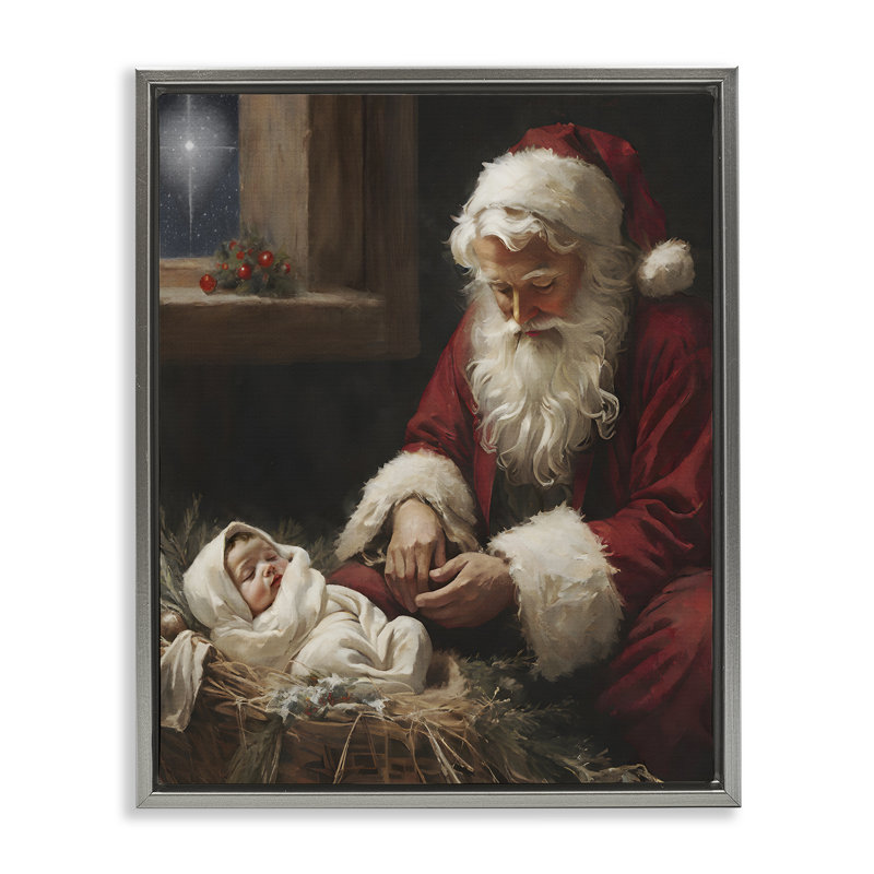 Père Noël avec cadre flottant bébé Jésus, design par Jo Moulton, H 31 po x l 25 po, Cadre flottant gris lustré