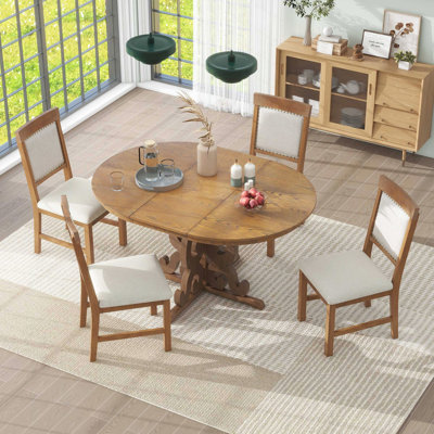 Ensemble de salle à manger rétro 5 pièces - 1 table extensible avec une rallonge de 16 po et 4 chaises rembourrées pour la salle à manger et la cuisine, noyer