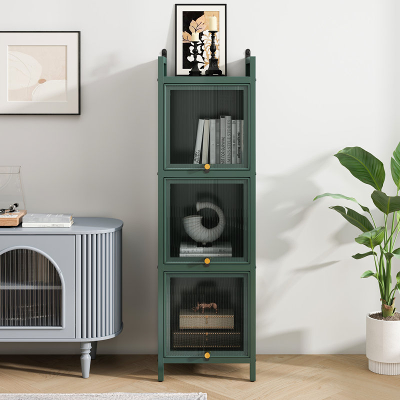 Modern Three Glass Door Cabinet With Four Storage, Dark Exterior Contemporary Versatile Storage Options, Dark Green