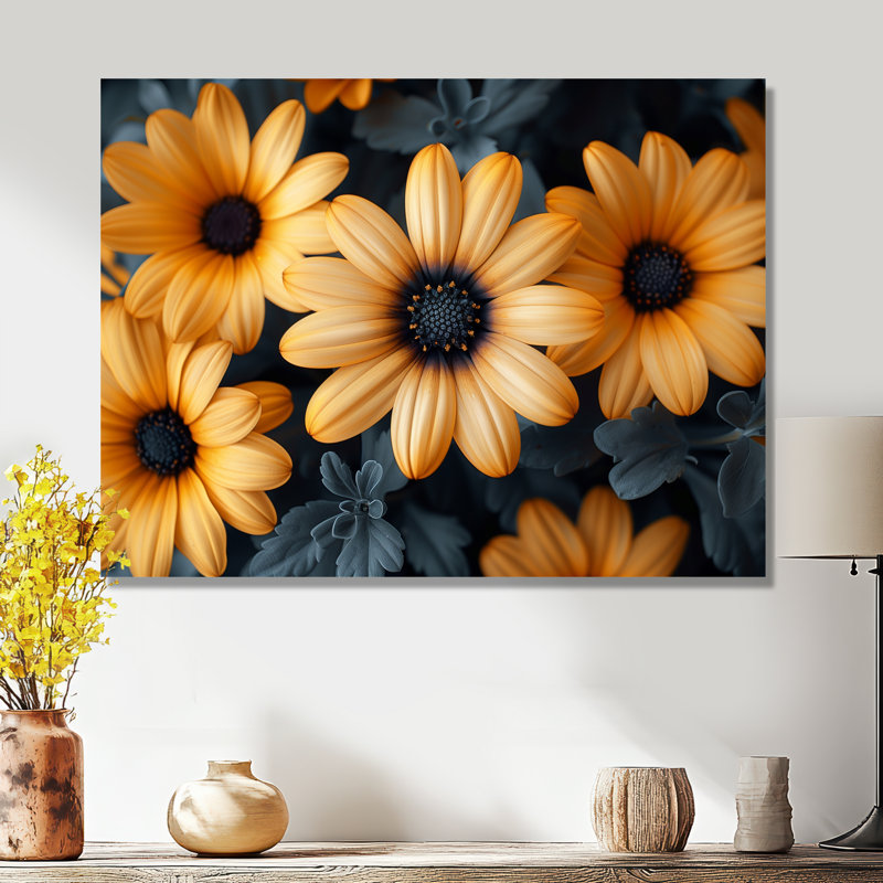 Monochromes jaunes et noirs, soufflage III - marguerites, impression d'art mural, Métal métal, H 30 po x l 40 po
