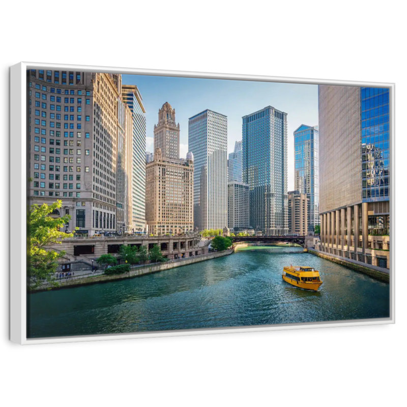 Chicago River Tour Boat, 19 po x 13 po, Cadre flottant blanc
