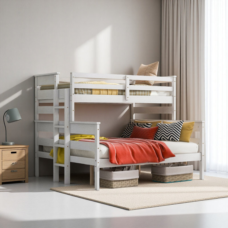 Wood Twin XL Over Queen Bunk Bed With Ladder, White