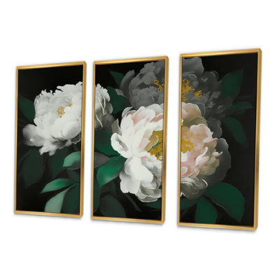 White Blossoming Peony On Black I " White Blossoming Peony On Black I " 3 - Pieces