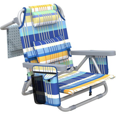 Chaise de plage à dossier inclinable, chaises de plage pliantes portatives avec 5 positions réglables, glacière intégrée et sangles de sac à dos