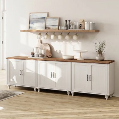 Scarlett Sideboard Cabinet With Bar Hutch, 102" Farmhouse Sideboard Credenza For Dining Room, Modern Kitchen Buffet Cabinet, Large Storage Cabinet With Wooden Doors, White