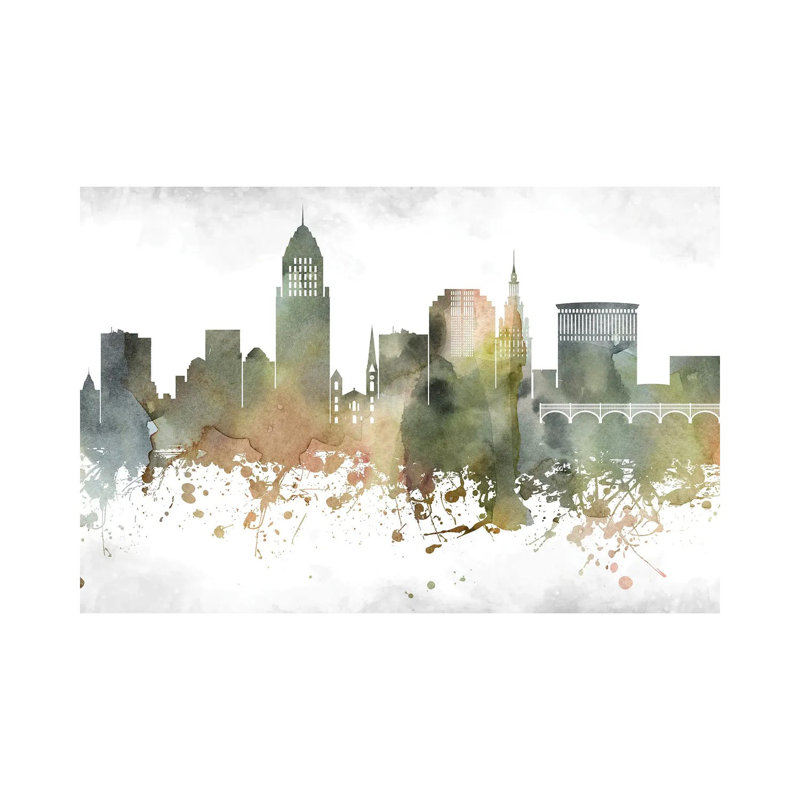 Cleveland Greenish Skyline by WallDecorAddict - Wrapped Canvas Print, 152.5 cm H x 101.5 cm W