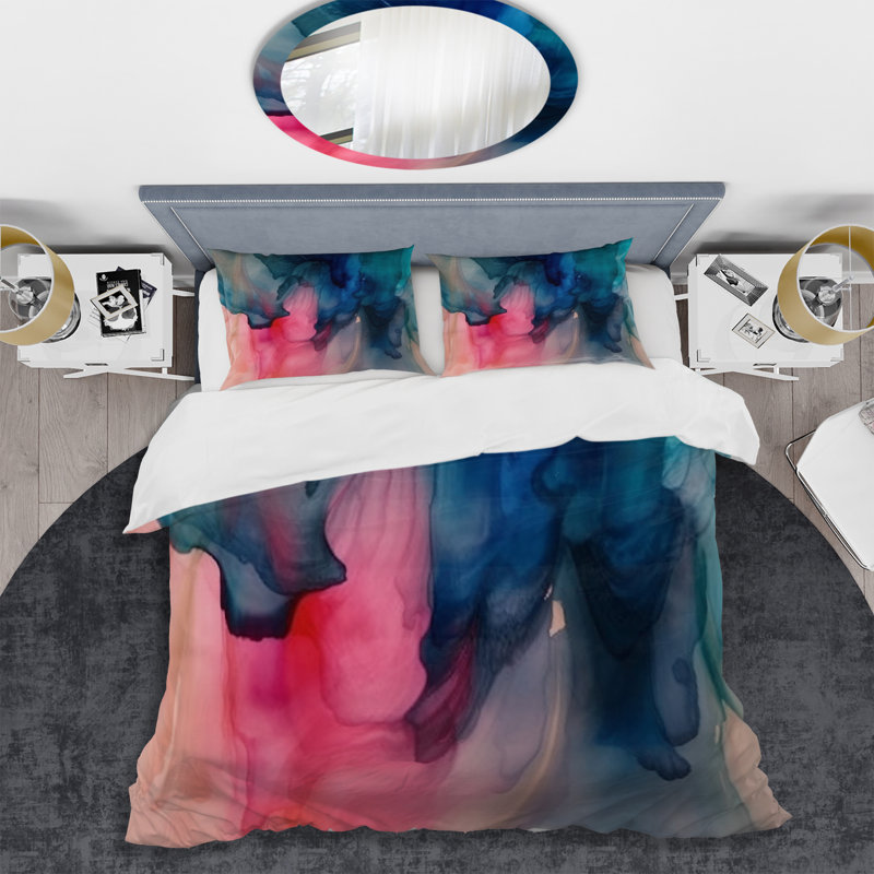 Ensemble de housse de couette en microfibre / polyester bleu et rose, Housse de couette pour très grand lit et 2 très