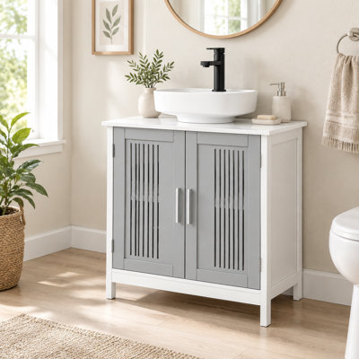 Meuble-lavabo gris et blanc avec tablette ajustable, gain de place