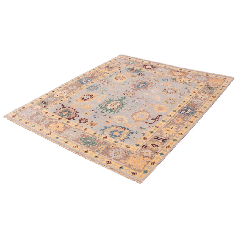Tapis unique en laine noué à la main gris clair / beige / bleu sarcelle nouvel âge 8 pi 2 po x 9 pi 10 po Teriona