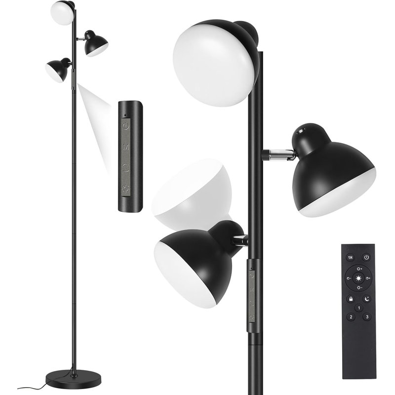 LED Tree Floor Lamp With 3 Rotatable Light Heads, Remote & Touch Control, 3 Colour Temperatures, 36W, Black