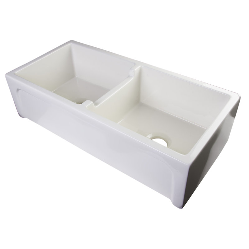 39'' L Double Bowl Fireclay Kitchen Sink, Biscuit