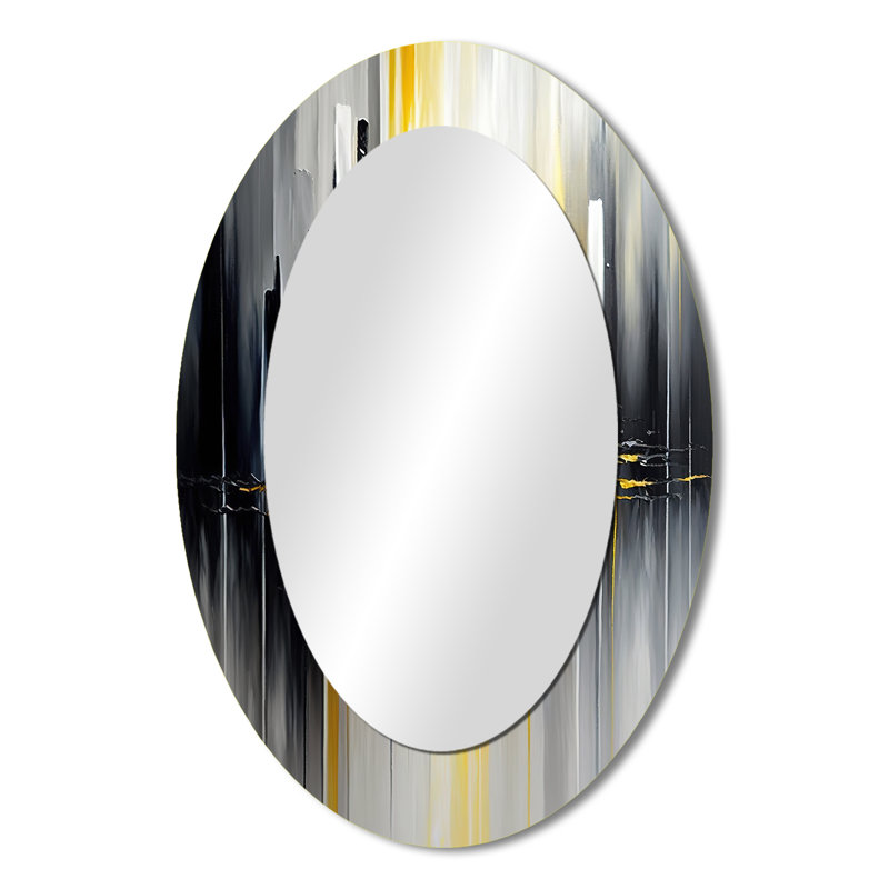 Abstrait géométrique noir et jaune II - grand miroir mural ovale sur métal, 36 po x 24 po