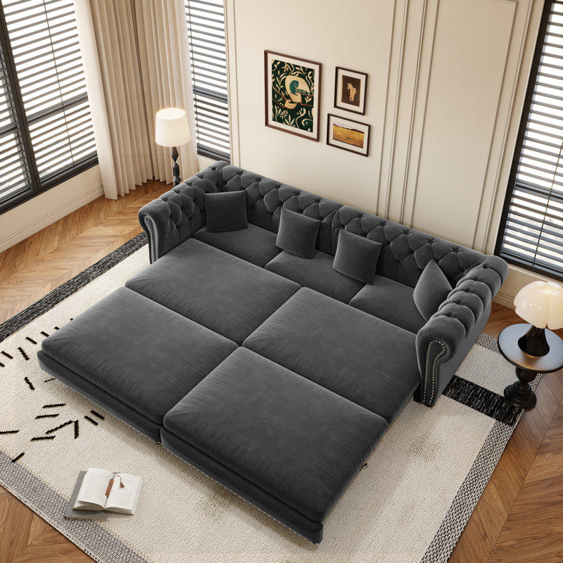 89" King Size Pull Out Sofa Bed 3-in-1 Convertible Velvet Chesterfield Sleeper Couch, Gray