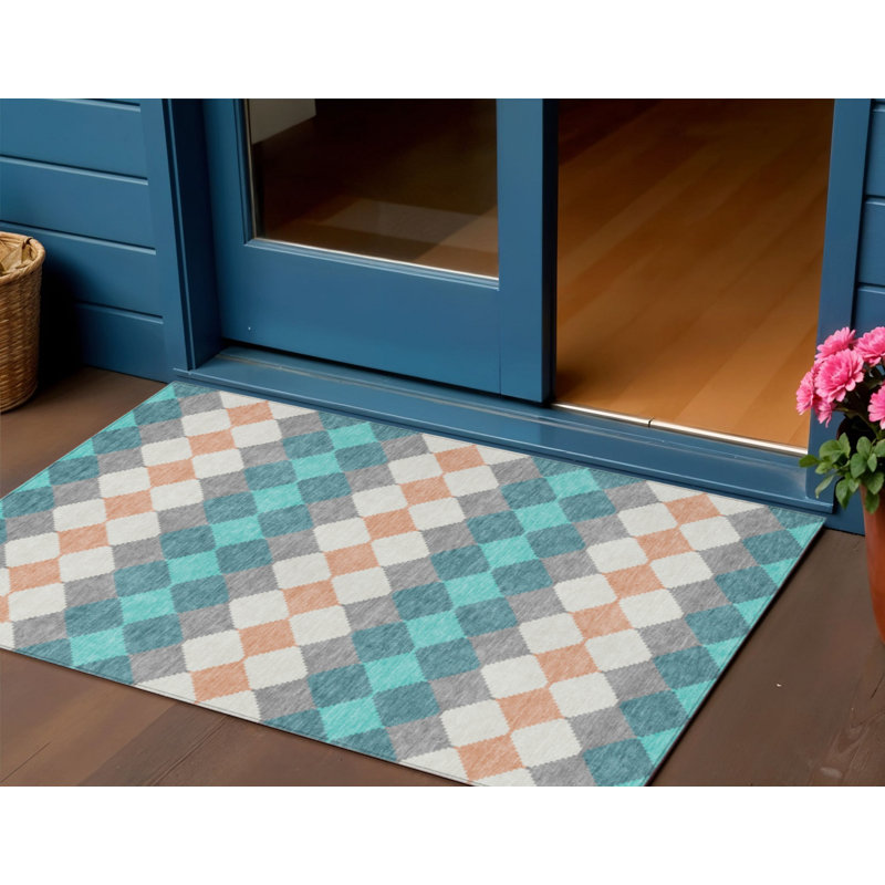 Tapis d'extérieur lavable à motif géométrique bleu sarcelle et gris 3 pi x 5 pi bleu sarcelle