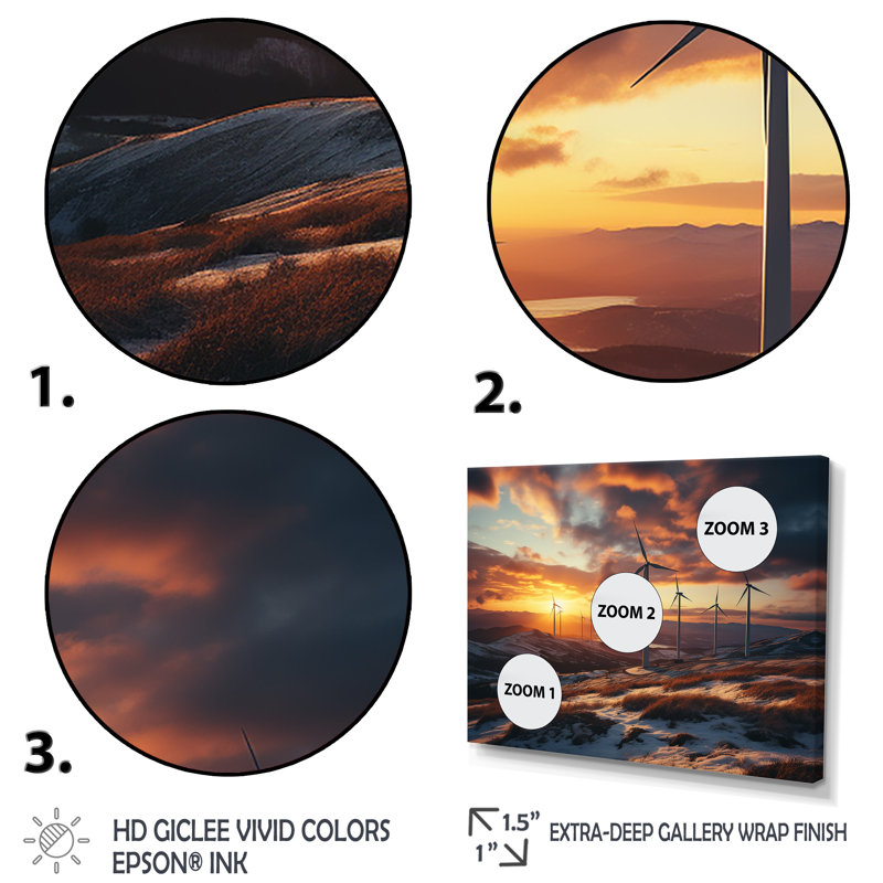Sunset Wind Turbines Mountain View V - Wind Turbines Wall Art, 34" H x 44" W x 1.5" D, Black Closed Corner Framed