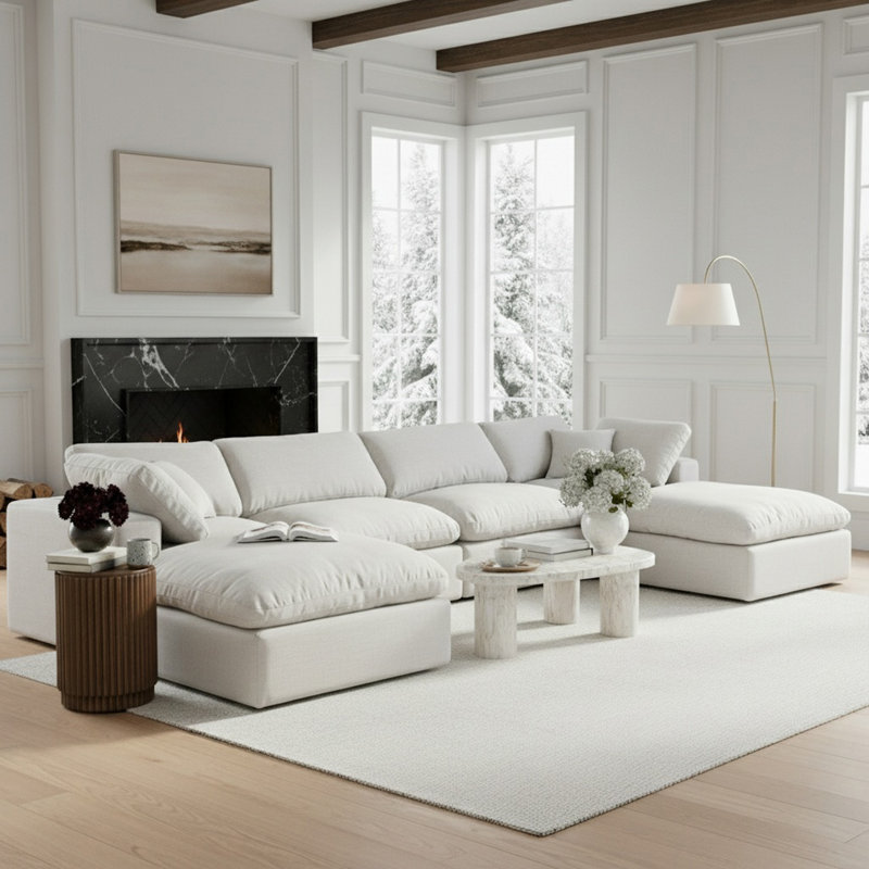 Canapé modulaire 6 pièces rembourré, Tissu texturé en lin blanc