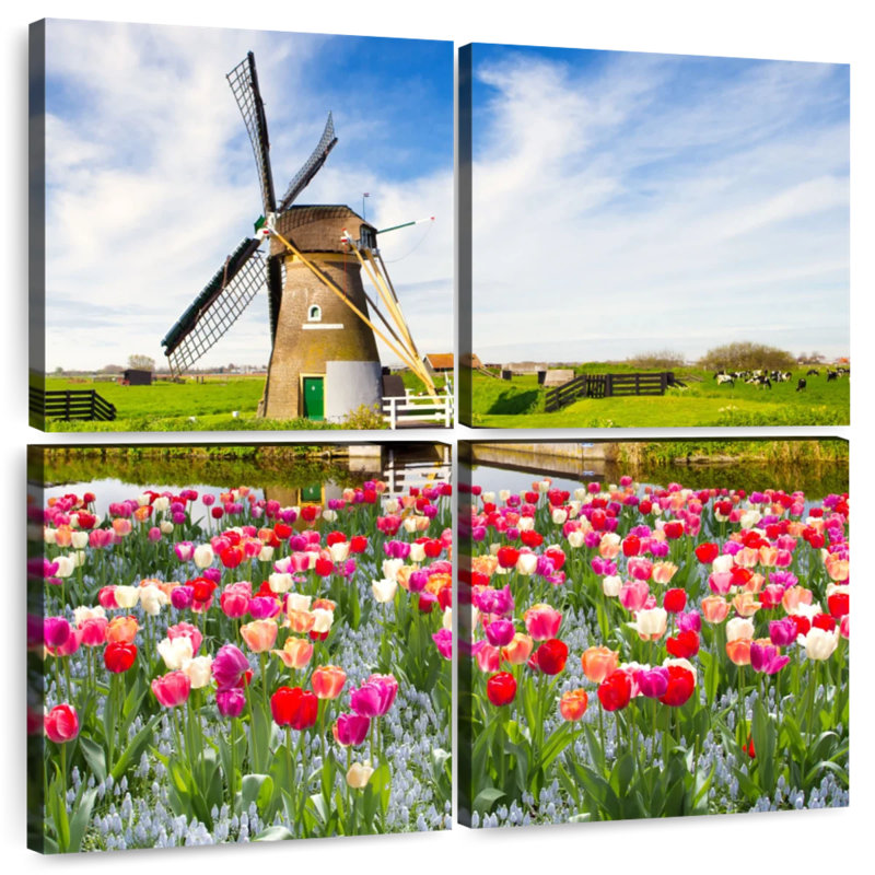 Moulin à vent et tulipes Alvord Holland, H 18 po x l 18 po