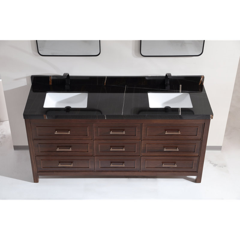 72" EBONY DOUBLE SINK VANITY DARK FINISH WITH WK-72 TOP 2" THICK TOP, Black, Brown