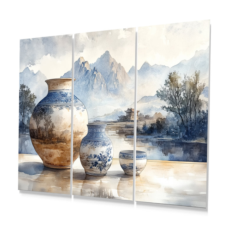 Ensemble de salon art mural bleu et orange China Pottery Tranquility I - Boho Pottery, H 28 po x l 36 po x P 1 po