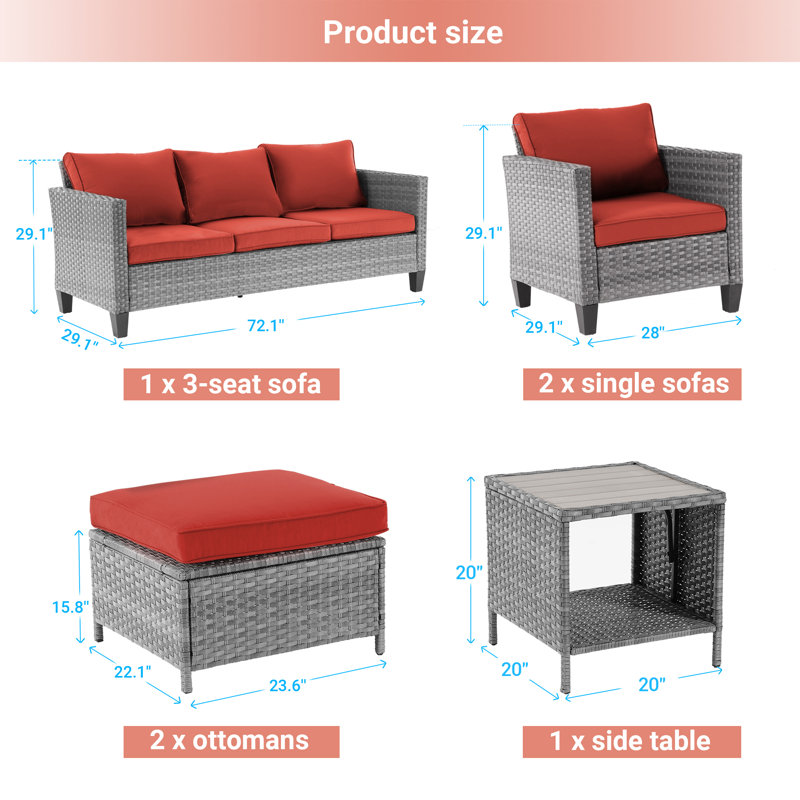 Jonson Wicker 5 - Person Patio Conversation Set with Cushions, Gray, Brick Red