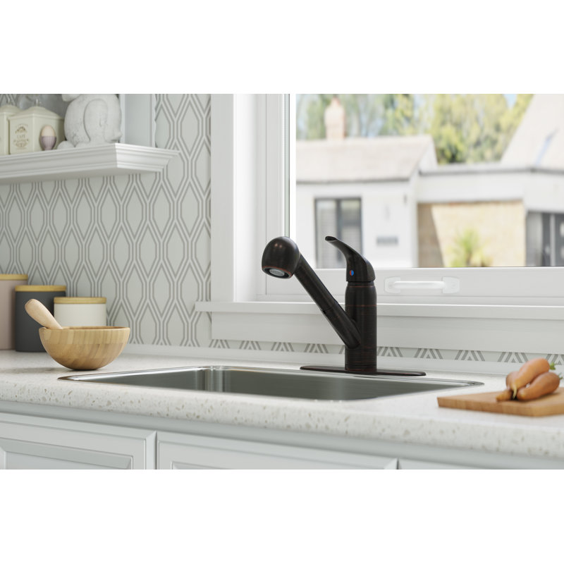 Robinet de cuisine à poignée simple avec accessoires Pfirst Series, Bronze toscan