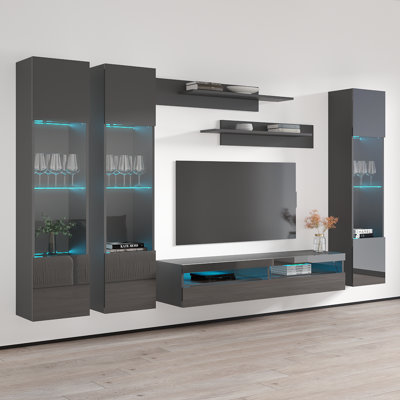 120" Modern Floating Wall Mounted Entertainment Center with 16-Color LED Lighting, High Gloss Finish