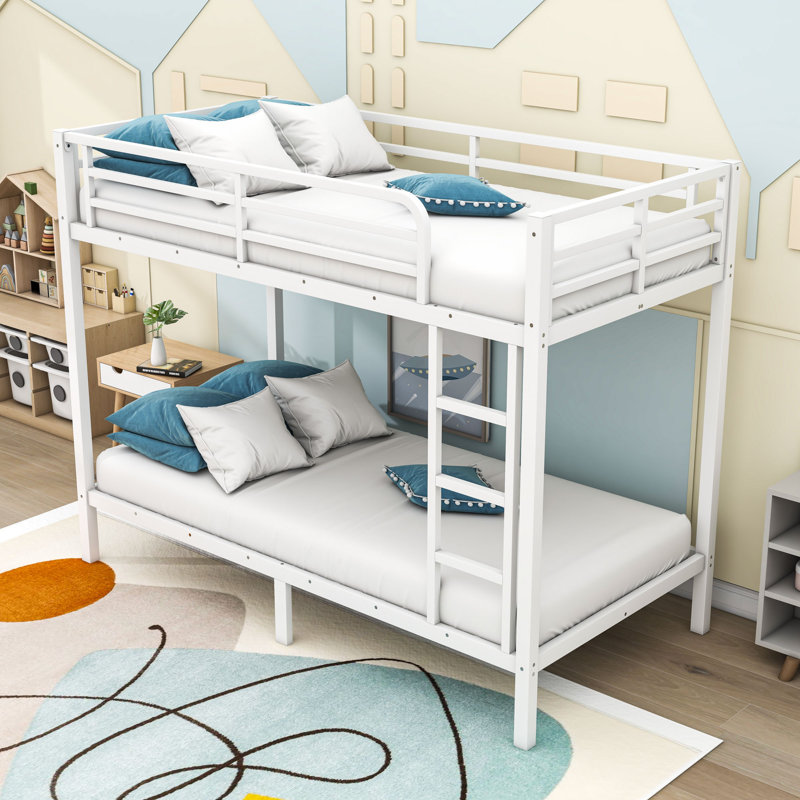 Metal Bunk Bed With Guardrails And Ladder, White, Twin XL Over Twin XL