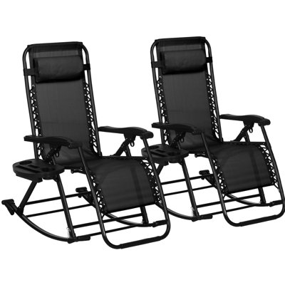 2 chaises berçantes d'extérieur, chaise longue inclinable et pliable avec coussin et porte-gobelet. Acier noir, construction robuste et support pour téléphone, noir, structure en acier, améliore la vie