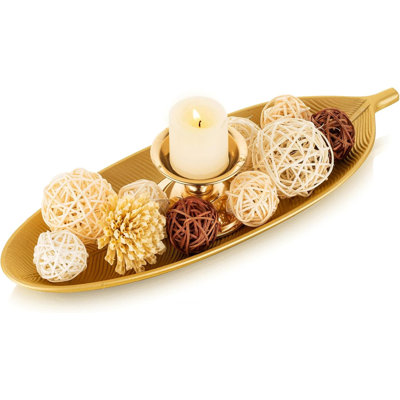 Leaf Shaped Wooden Decorative Tray - Gold Leaf Key/Candle Organizer Bowl