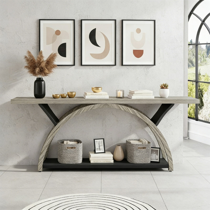Console à 2 niveaux, table d'entrée 70,9 po avec structure en demi-lune, Grey