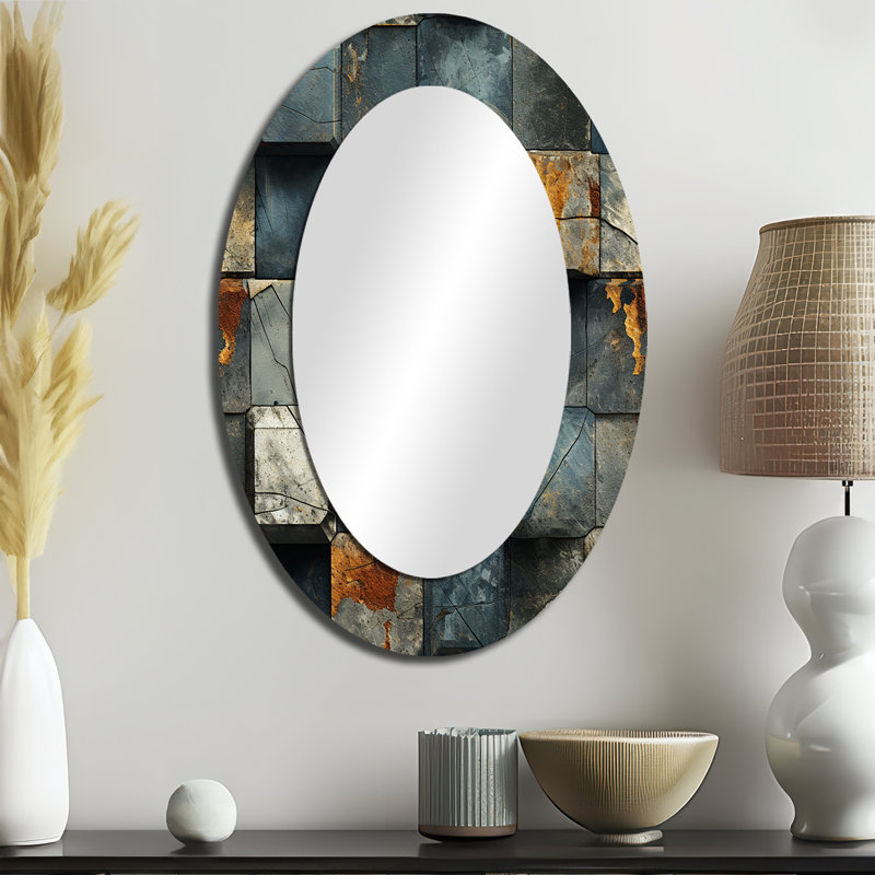 Grey Cubic Striped Wall Pattern - Gray Mid-Century Oval Wall Mirror, 36" H x 24" W