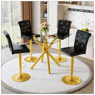 Ensemble de 2 tables de bar modernes en verre et tabourets de bar réglables, table de pub contemporaine à hauteur de comptoir avec pieds chromés dorés, chaises de bar pivotantes en cuir de polyuréthane noir pour îlot de cuisine, bar personnel et petit espace