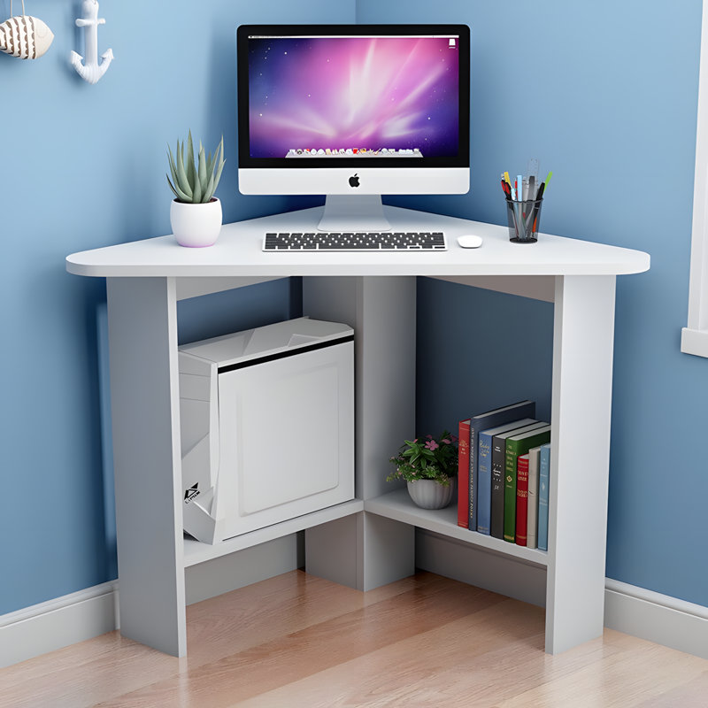 Corner Computer Desk With Storage Shelf, Space-Saving Triangle Study Table For Small Spaces, Compact Workstation For Home Office