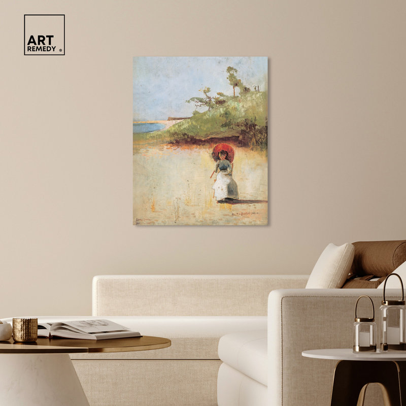 Vintage Coastal Portrait Canvas Art with Red Umbrella, 16" x 20"