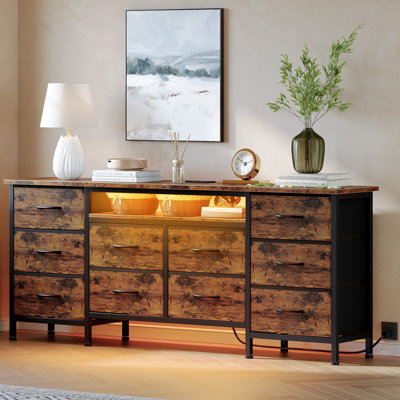 63" TV Stand Dresser with 10 Storage Drawers, Power Outlets & LED Lights, Wide Dresser Organizer Entertainment Center