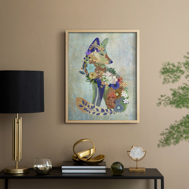 Fantastic Florals Fox, assis, reproduction encadrée - bois massif, H 11 po x l 9 po