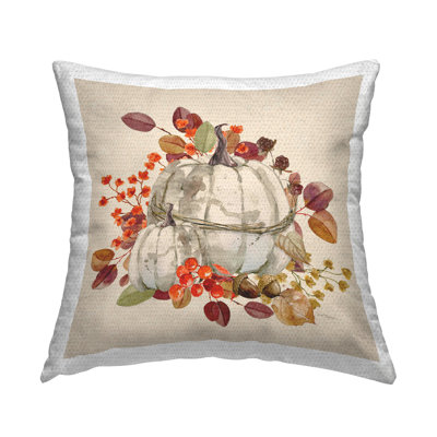 Coussin d'extérieur imprimé Stupell Industries Harvest Leaves Pumpkins Design par Carol Robinson