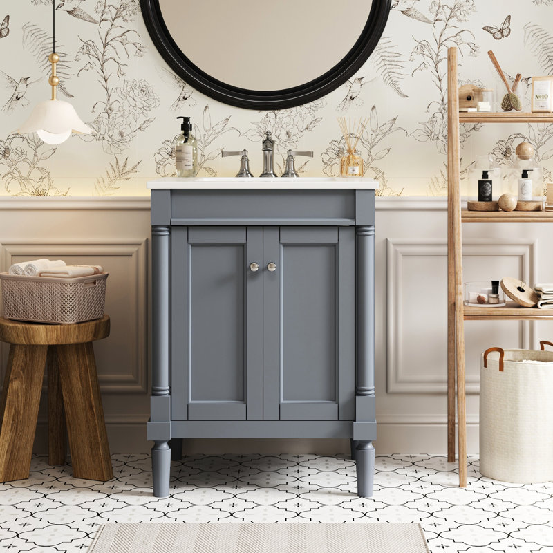 Meuble-lavabo de 24 po de style rétro, charnières à fermeture en douceur, cadre en bois massif, grand espace de rangement,