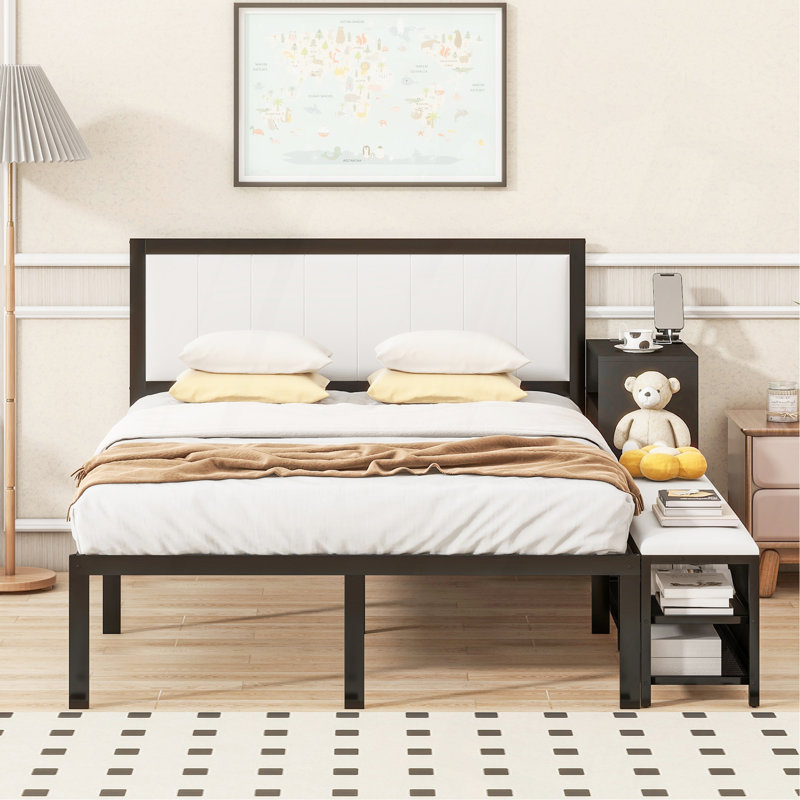 Metal Platform Bed with Soft Upholstery | Two-Tier Storage Shelves & Wooden Cabinet | Cushioned Footrest, Black, Full