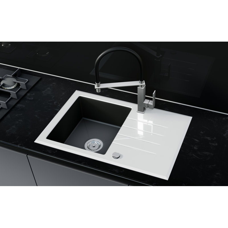 Belfry Kitchen Nicholson 490mm W Single Bowl Granite Composite Kitchen Sink with 2 Faucet Holes, White Glass/Black Bowl