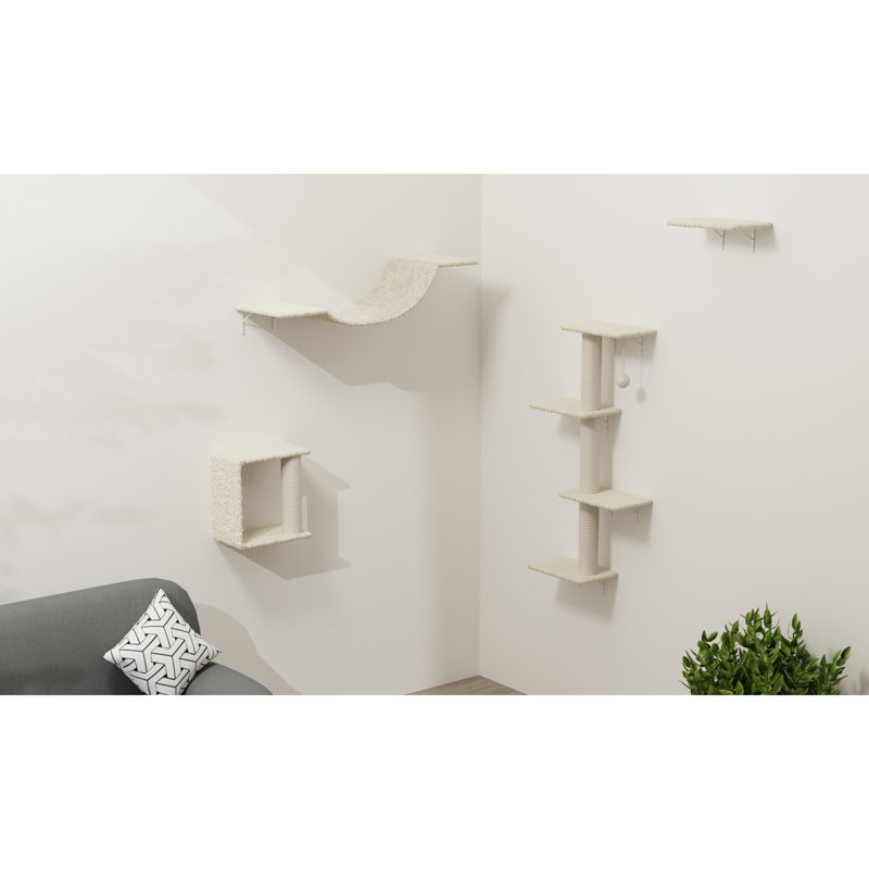 Meuble pour chat 4 pièces avec tablettes, pont, marches et arbre en corde, fabrication de panneaux de particules, configuration verticale peu encombrante, bricolage réglable pour la peau des chats, conception à plusieurs niveaux, assemblage facile