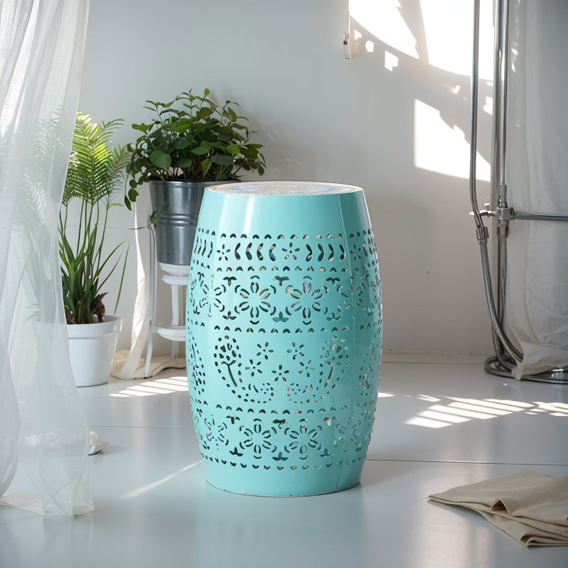 12" Bohemian Style Round Metal Side Table, Blue