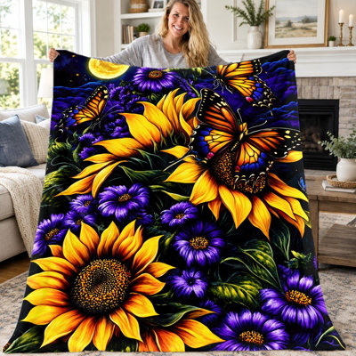 Couverture papillon tournesol (1 pièce), jeté en flanelle à motif floral botanique vibrant, ultra douce, confortable, légère et chaude, idéale pour canapé, lit, salon, chambre d'étudiant, bureau, voyage, décoration intérieure, couverture toutes saisons, lavable à la machine, cadeau de pendaison de crémaillère pour les fêtes