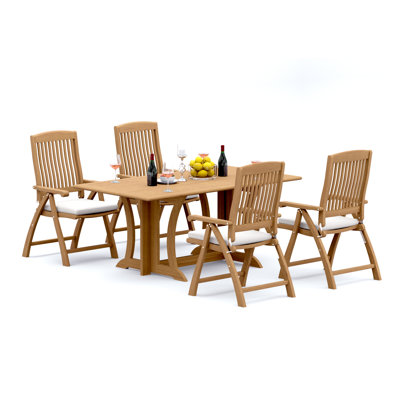 5 Pcs Grade-A Teak Wood Dining Set: Warwick Console Folding Rectangle Table And 4 Marley Folding Reclining Arm Chairs #11MR1504