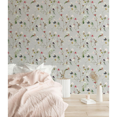 Soft Floral Butterfly Vine Wallpaper in Gray