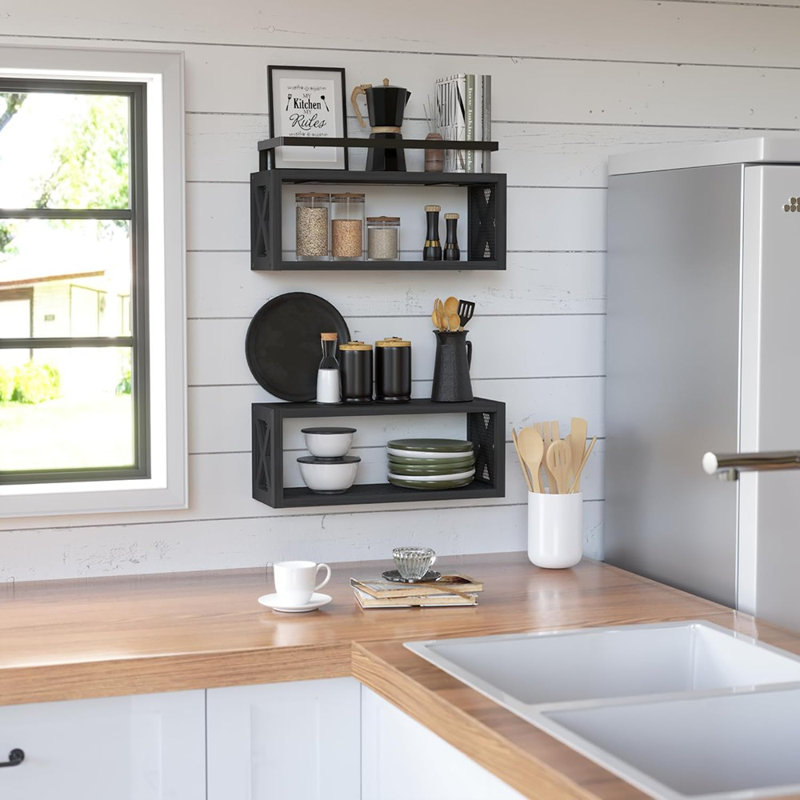 Floating Shelves With Guardrail, Rustic Farmhouse Wood Wall Shelves For Bathroom & Living Room, Black