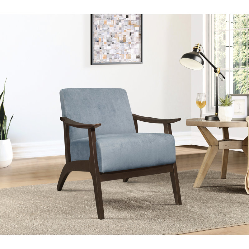 Chaise d'appoint noyer foncé avec assise rembourrée en velours bleu gris style Mid-Century moderne en gris