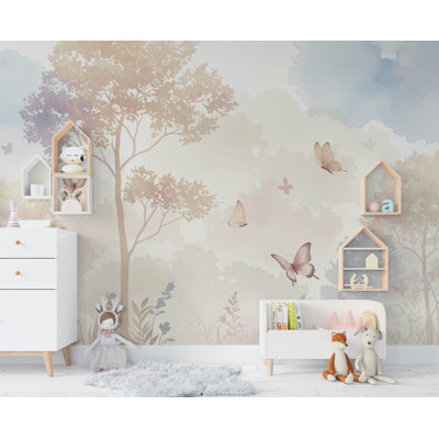 Murale de papier peint pastel pastel - papier peint forêt, art mural papillon, aquarelle élégante pour filles chambre de bébé (non tissé) 1025DRS