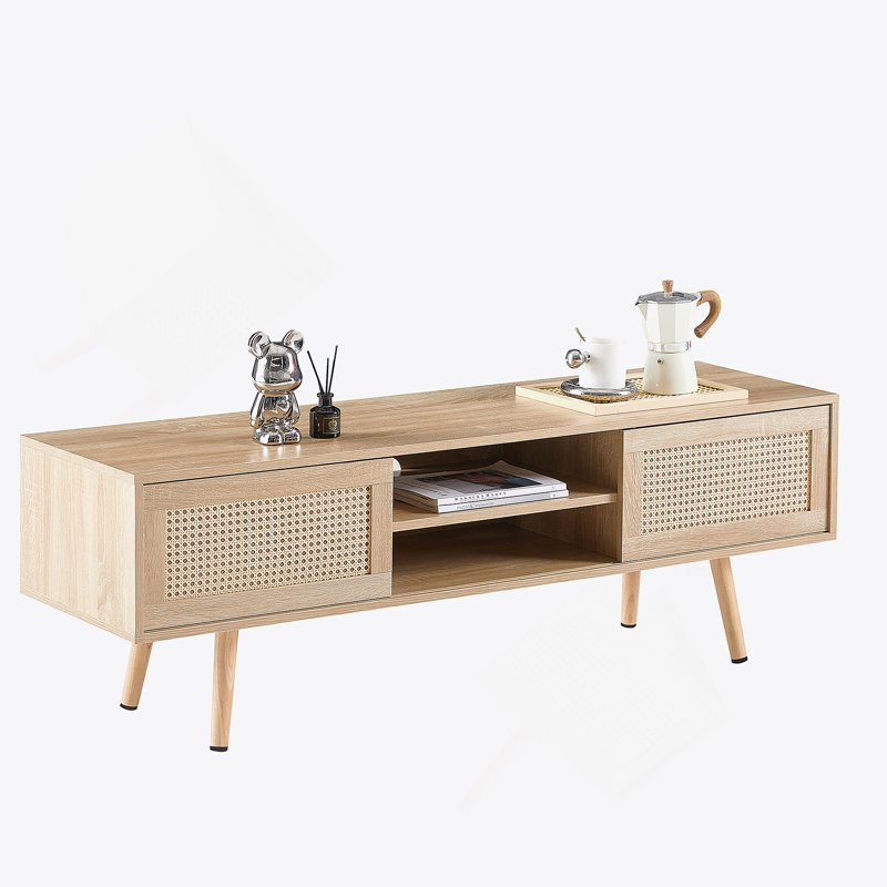 55.12" TV Cabinet With Adjustable Shelf, Solid Wood Legs, TV Console For Living Room, Natural